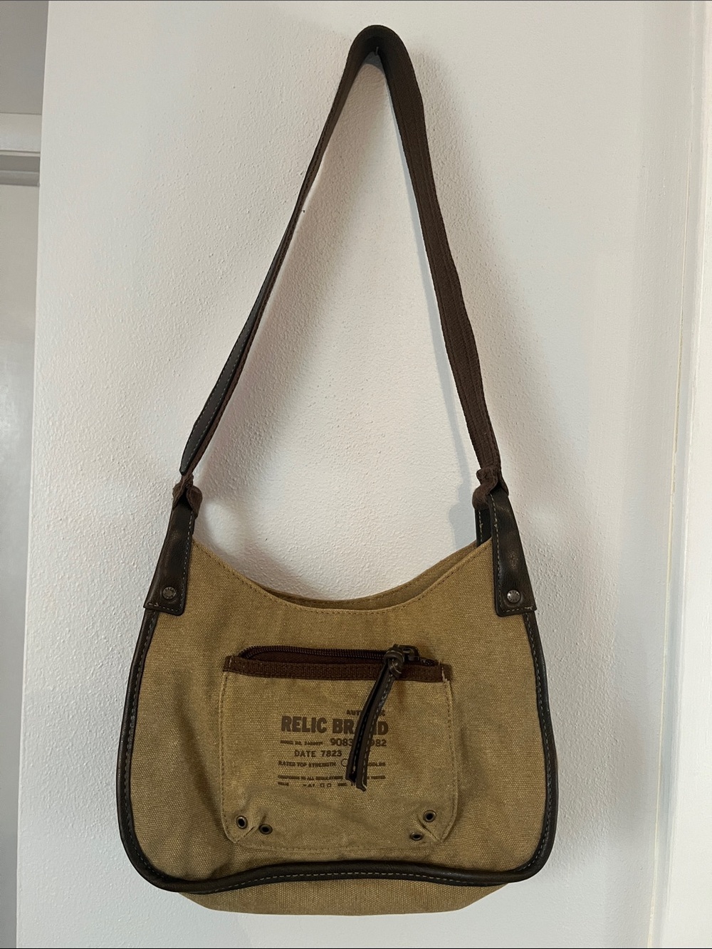 Relic Olive Canvas Crossbody with Brown Trim - extremely gently used